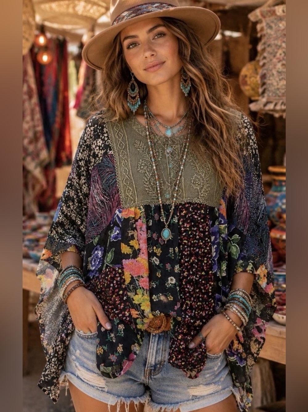 H171  NWT Young Threads M ptp30 Boho Floral Patchwork Top Olive Crochet Yoke